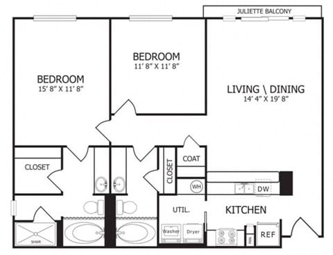 Floor plan for 2 beds, 2 baths, 1070 sqft